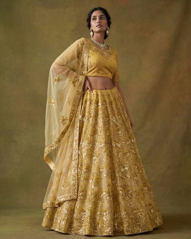 Fancy Flower Work Heavy Net Bridal Lehenga | Thread & Zari Work | Festive Wear - Rosepetals Luxe
