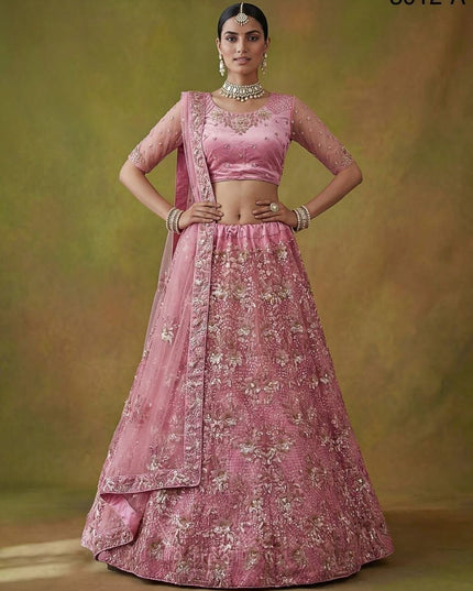 Fancy Flower Work Heavy Net Bridal Lehenga | Thread & Zari Work | Festive Wear - Rosepetals Luxe