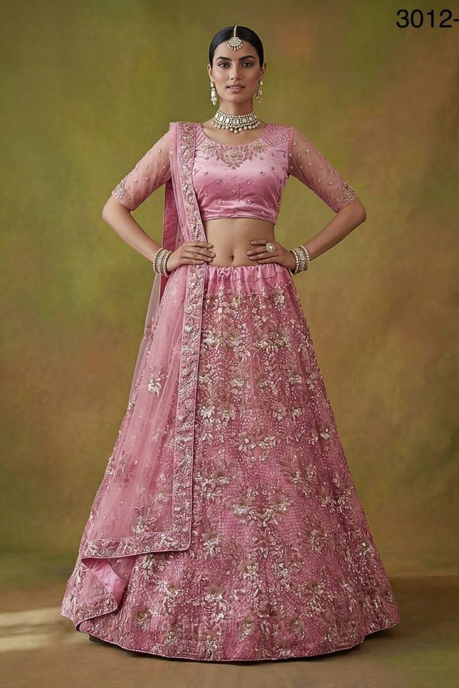 Fancy Flower Work Heavy Net Bridal Lehenga | Thread & Zari Work | Festive Wear - Rosepetals Luxe