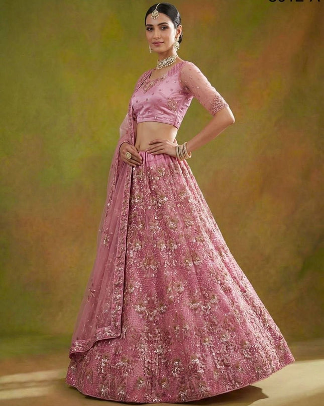 Fancy Flower Work Heavy Net Bridal Lehenga | Thread & Zari Work | Festive Wear - Rosepetals Luxe