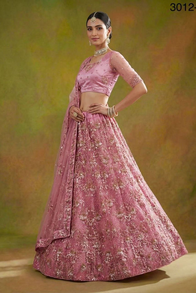 Fancy Flower Work Heavy Net Bridal Lehenga | Thread & Zari Work | Festive Wear - Rosepetals Luxe