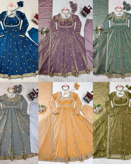 Fandi Silk Gown with Pant and Dupatta Set | Coding Sequins Work - Rosepetals Luxe