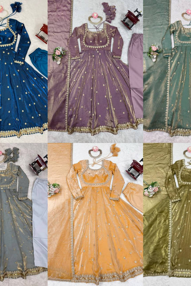 Fandi Silk Gown with Pant and Dupatta Set | Coding Sequins Work - Rosepetals Luxe