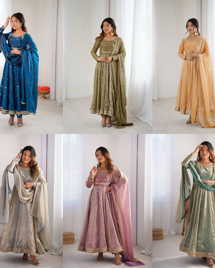 Fandi Silk Gown with Pant and Dupatta Set | Coding Sequins Work - Rosepetals Luxe