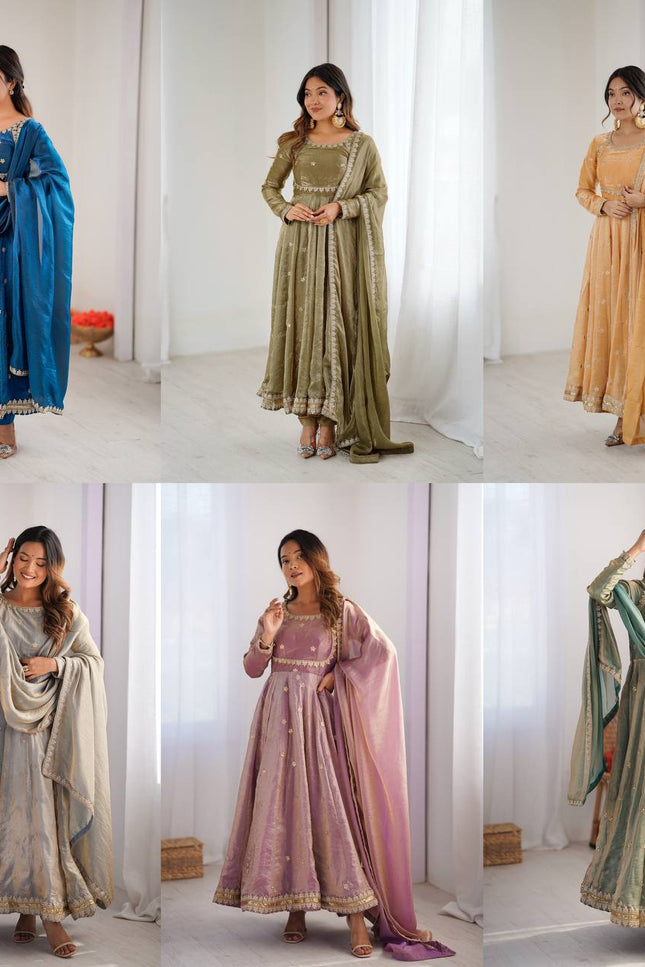 Fandi Silk Gown with Pant and Dupatta Set | Coding Sequins Work - Rosepetals Luxe