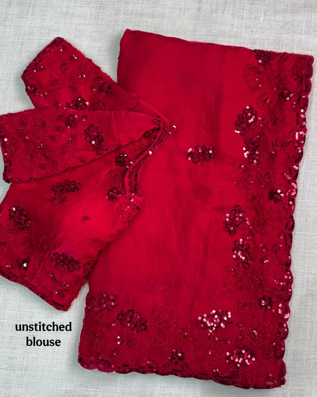 Fandy Satin Saree with Heavy Tone - to - Tone Beads and Sequins Work - Rosepetals Luxe