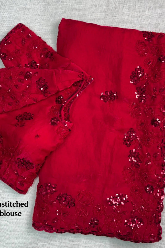 Fandy Satin Saree with Heavy Tone - to - Tone Beads and Sequins Work - Rosepetals Luxe
