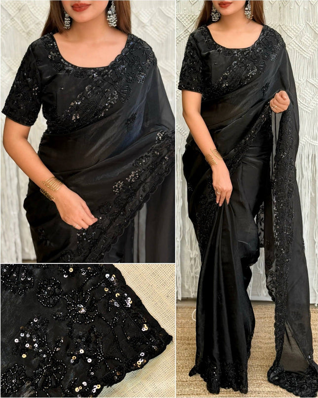 Fandy Satin Saree with Heavy Tone - to - Tone Beads and Sequins Work - Rosepetals Luxe