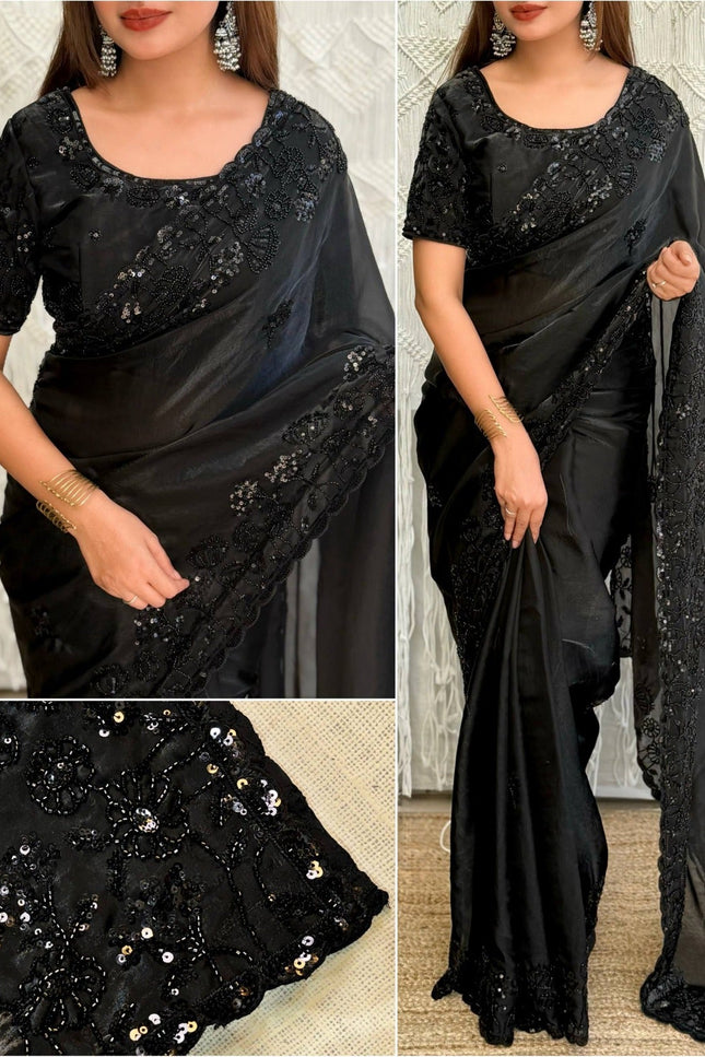 Fandy Satin Saree with Heavy Tone - to - Tone Beads and Sequins Work - Rosepetals Luxe