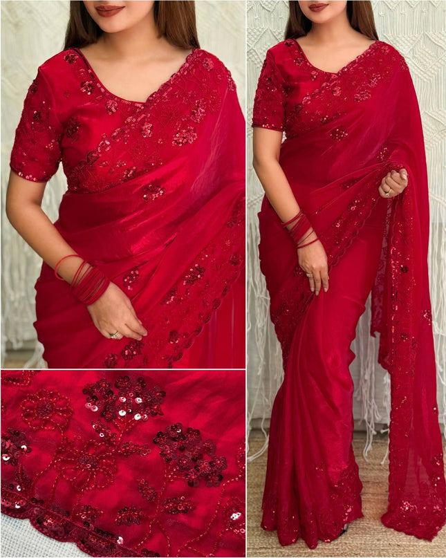 Fandy Satin Saree with Heavy Tone - to - Tone Beads and Sequins Work - Rosepetals Luxe