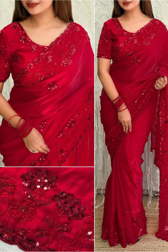 Fandy Satin Saree with Heavy Tone - to - Tone Beads and Sequins Work - Rosepetals Luxe