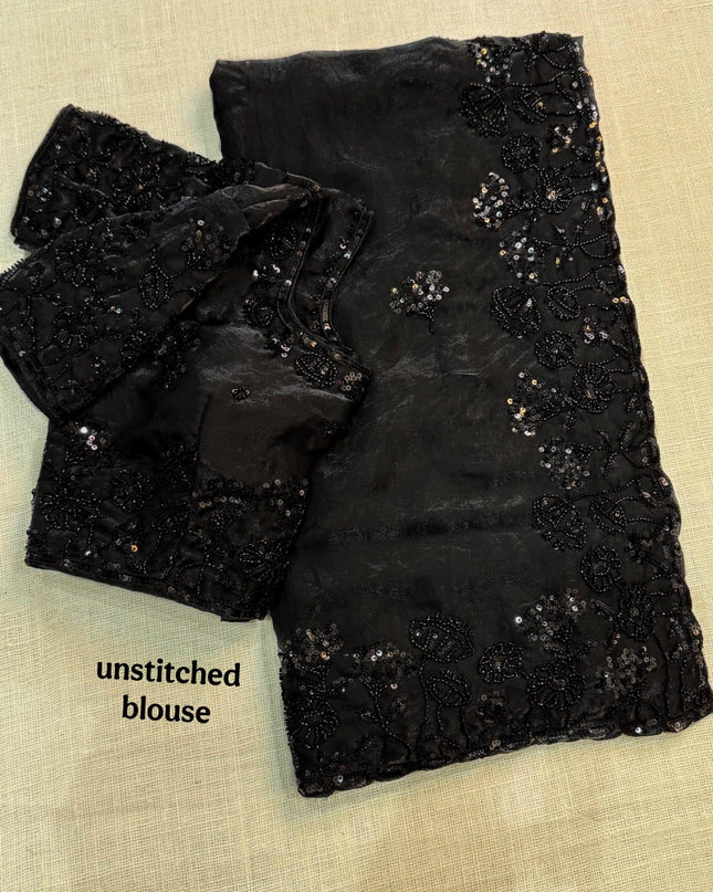 Fandy Satin Saree with Heavy Tone - to - Tone Beads and Sequins Work - Rosepetals Luxe