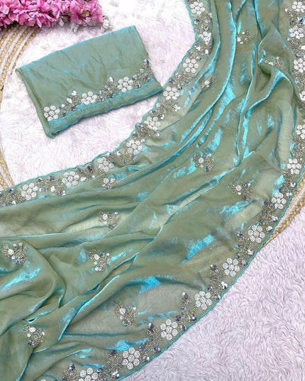 Fandy Satin Sequin Saree with Floral Arco Border - Rosepetals Luxe