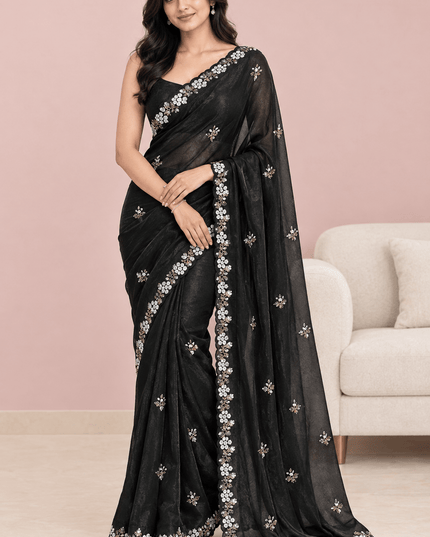 Fandy Satin Sequin Saree with Floral Arco Border - Rosepetals Luxe