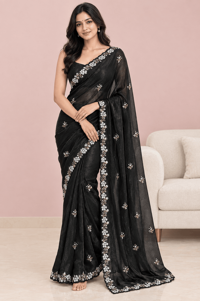 Fandy Satin Sequin Saree with Floral Arco Border - Rosepetals Luxe