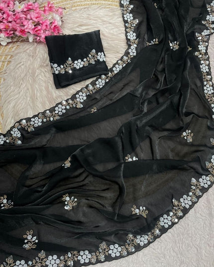 Fandy Satin Sequin Saree with Floral Arco Border - Rosepetals Luxe