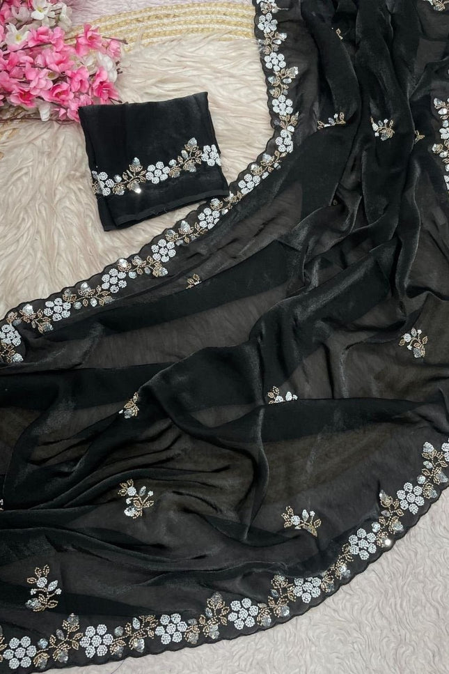Fandy Satin Sequin Saree with Floral Arco Border - Rosepetals Luxe
