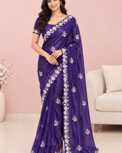 Fandy Satin Sequin Saree with Floral Arco Border - Rosepetals Luxe