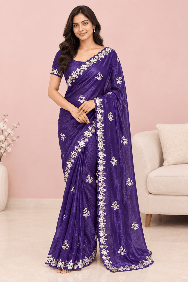 Fandy Satin Sequin Saree with Floral Arco Border - Rosepetals Luxe