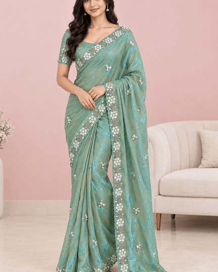 Fandy Satin Sequin Saree with Floral Arco Border - Rosepetals Luxe