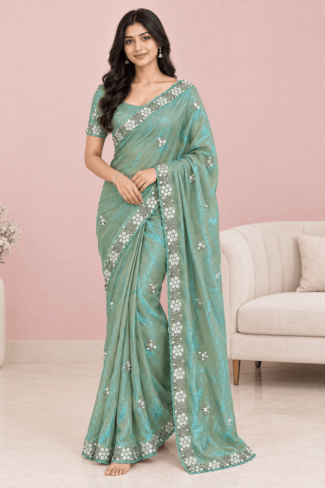 Fandy Satin Sequin Saree with Floral Arco Border - Rosepetals Luxe