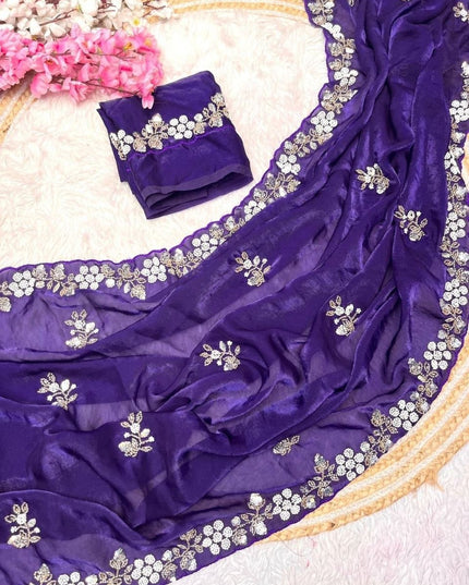 Fandy Satin Sequin Saree with Floral Arco Border - Rosepetals Luxe