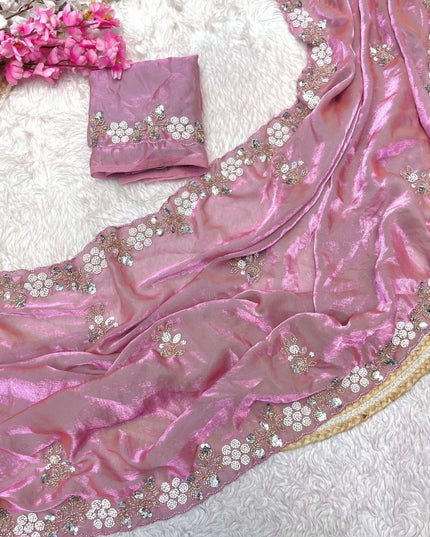 Fandy Satin Sequin Saree with Floral Arco Border - Rosepetals Luxe