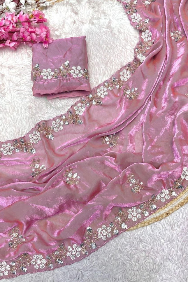 Fandy Satin Sequin Saree with Floral Arco Border - Rosepetals Luxe
