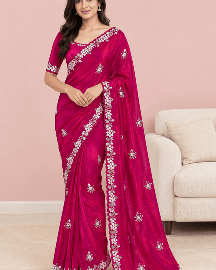 Fandy Satin Sequin Saree with Floral Arco Border - Rosepetals Luxe