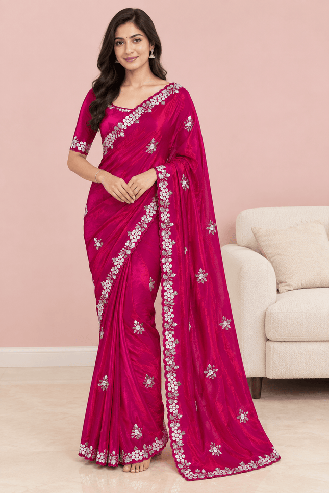 Fandy Satin Sequin Saree with Floral Arco Border - Rosepetals Luxe