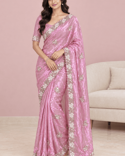 Fandy Satin Sequin Saree with Floral Arco Border - Rosepetals Luxe