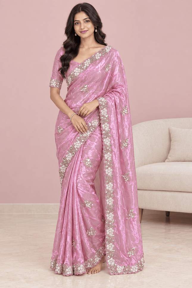 Fandy Satin Sequin Saree with Floral Arco Border - Rosepetals Luxe