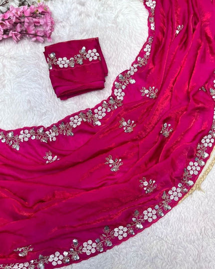 Fandy Satin Sequin Saree with Floral Arco Border - Rosepetals Luxe