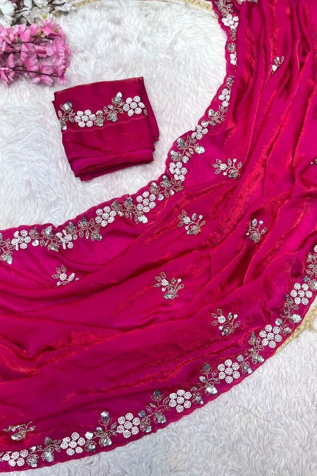 Fandy Satin Sequin Saree with Floral Arco Border - Rosepetals Luxe