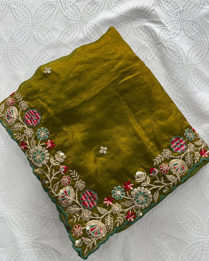 Fandy Satin Silk Embroidery Butta Saree | C-Pallu Cutwork Border | Heavy Embroidered Mono Banglori Blouse | Olive Green - Rosepetals Luxe