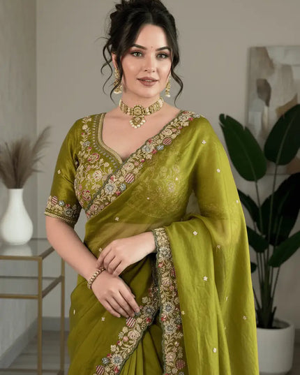 Fandy Satin Silk Embroidery Butta Saree | C-Pallu Cutwork Border | Heavy Embroidered Mono Banglori Blouse | Olive Green - Rosepetals Luxe