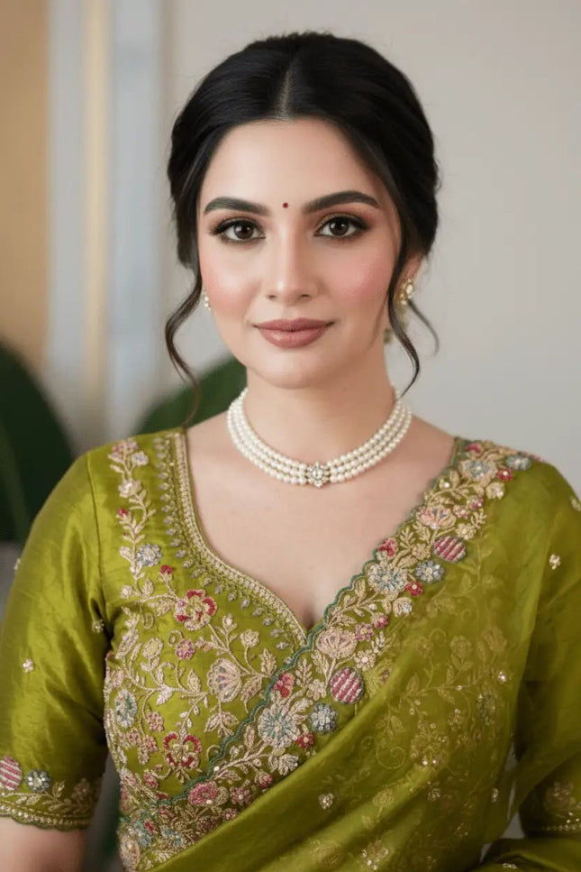 Fandy Satin Silk Embroidery Butta Saree | C-Pallu Cutwork Border | Heavy Embroidered Mono Banglori Blouse | Olive Green - Rosepetals Luxe