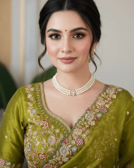 Fandy Satin Silk Embroidery Butta Saree | C-Pallu Cutwork Border | Heavy Embroidered Mono Banglori Blouse | Olive Green - Rosepetals Luxe