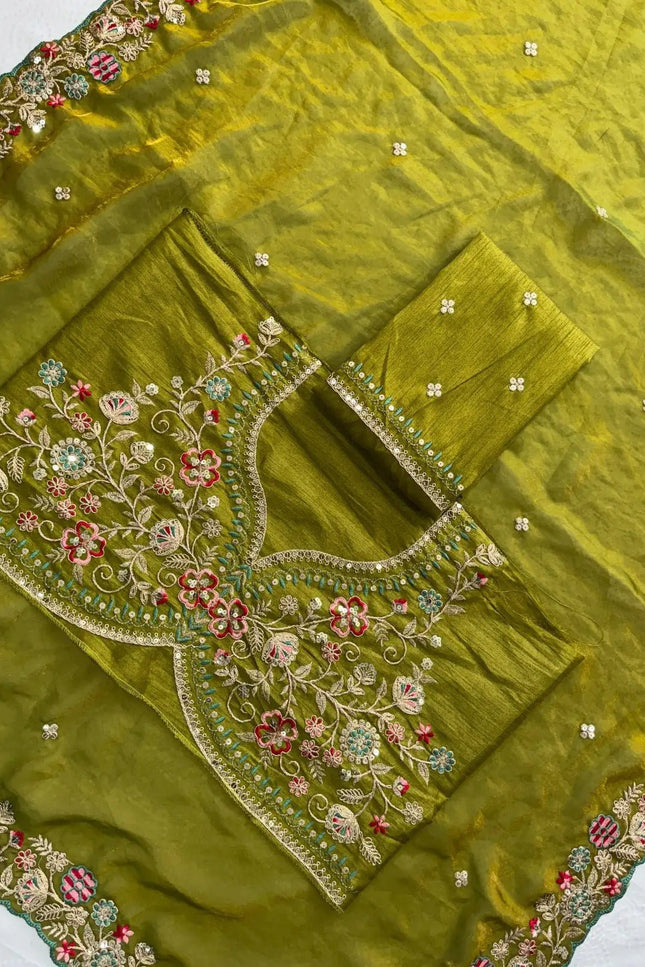 Fandy Satin Silk Embroidery Butta Saree | C-Pallu Cutwork Border | Heavy Embroidered Mono Banglori Blouse | Olive Green - Rosepetals Luxe