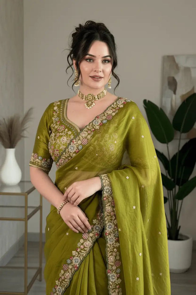 Fandy Satin Silk Embroidery Butta Saree | C-Pallu Cutwork Border | Heavy Embroidered Mono Banglori Blouse | Olive Green - Rosepetals Luxe