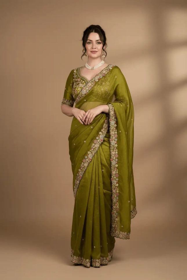 Fandy Satin Silk Embroidery Butta Saree | C-Pallu Cutwork Border | Heavy Embroidered Mono Banglori Blouse | Olive Green - Rosepetals Luxe