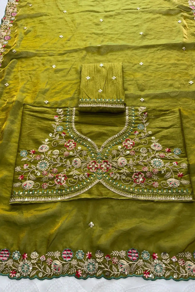 Fandy Satin Silk Embroidery Butta Saree | C-Pallu Cutwork Border | Heavy Embroidered Mono Banglori Blouse | Olive Green - Rosepetals Luxe