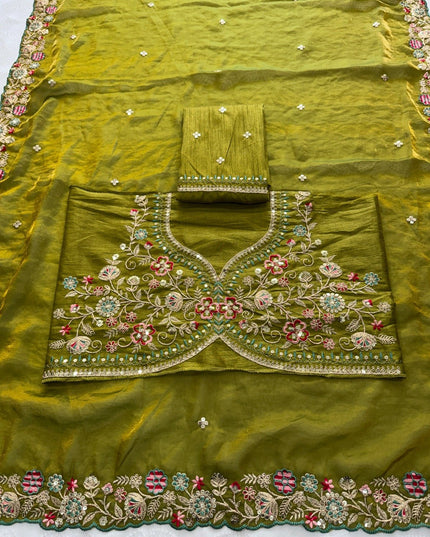 Fandy Satin Silk Embroidery Butta Saree | C-Pallu Cutwork Border | Heavy Embroidered Mono Banglori Blouse | Olive Green - Rosepetals Luxe