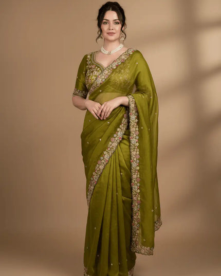 Fandy Satin Silk Embroidery Butta Saree | C-Pallu Cutwork Border | Heavy Embroidered Mono Banglori Blouse | Olive Green - Rosepetals Luxe