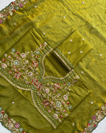 Fandy Satin Silk Embroidery Butta Saree | C-Pallu Cutwork Border | Heavy Embroidered Mono Banglori Blouse | Olive Green - Rosepetals Luxe