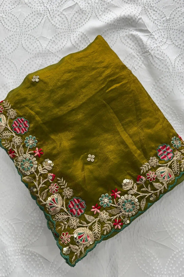 Fandy Satin Silk Embroidery Butta Saree | C-Pallu Cutwork Border | Heavy Embroidered Mono Banglori Blouse | Olive Green - Rosepetals Luxe