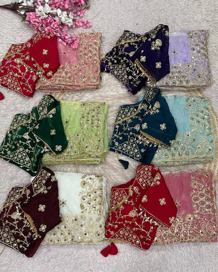 Fandy Satin Silk Saree | 3MM Sequins & Coding Embroidery | Cutwork Border | Stitched Blouse | 6 Colours - Rosepetals Luxe
