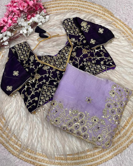 Fandy Satin Silk Saree | 3MM Sequins & Coding Embroidery | Cutwork Border | Stitched Blouse | 6 Colours - Rosepetals Luxe