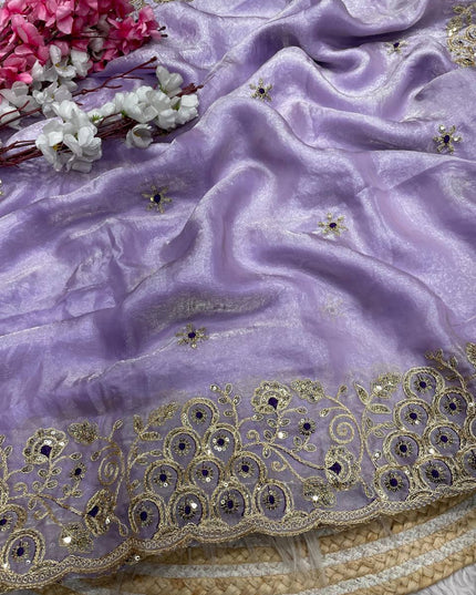 Fandy Satin Silk Saree | 3MM Sequins & Coding Embroidery | Cutwork Border | Stitched Blouse | 6 Colours - Rosepetals Luxe