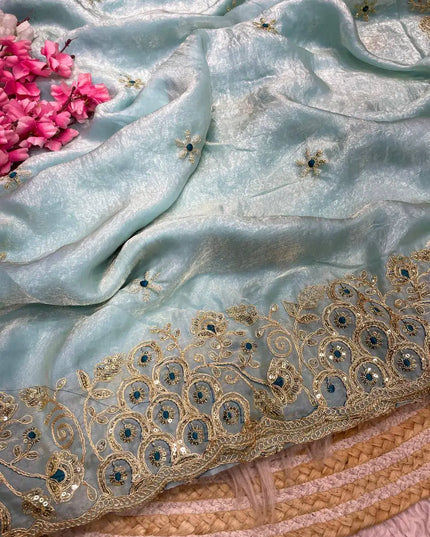 Fandy Satin Silk Saree | 3MM Sequins & Coding Embroidery | Cutwork Border | Stitched Blouse | 6 Colours - Rosepetals Luxe